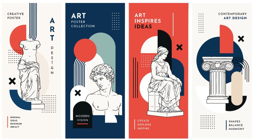 Contemporary art poster collection with classical sculptures and geometric shapes.